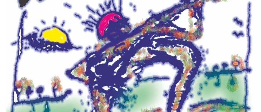 Eine farbenfrohe Illustration einer Person, die eine Gitarre spielt, mit den Worten 'Faiasalamanda Wetterstein' darüber. Die Szene spielt sich in einem Feld mit Sonne und Bäumen im Hintergrund ab.