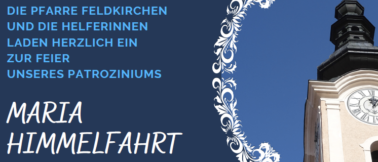 Plakat für die Feier von Maria Himmelfahrt am 15. August 2026 mit einem Uhrturm, einer Statue von Maria und Blumen.