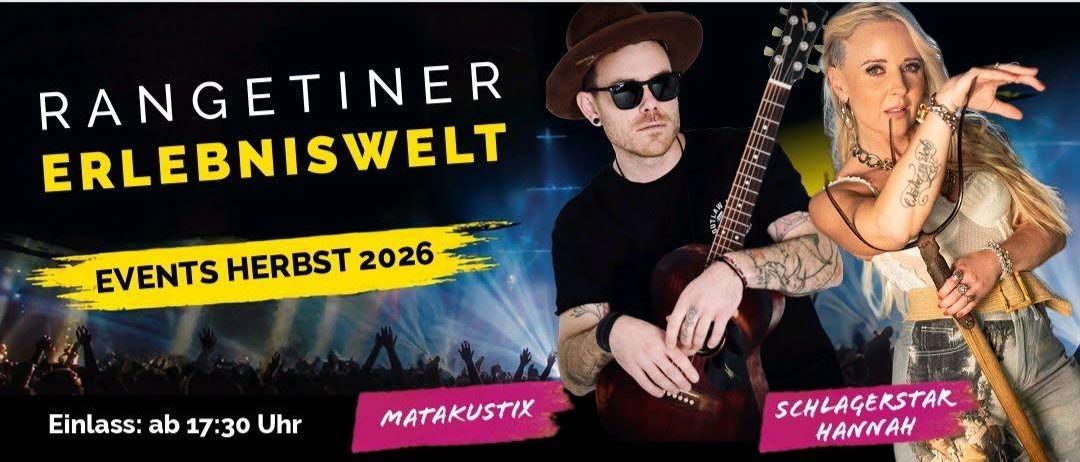 Plakat für eine Reihe von Musikveranstaltungen im Jahr 2026 mit verschiedenen Bands und Künstlern mit Datum und Uhrzeit. Oben befindet sich ein gelber Banner mit 'Events Herbst 2026'. Unten sind die Veranstaltungsdetails mit Namen der Bands, Datum und Uhrzeit. Unten ist ein kleines Bild von Menschen zu sehen.