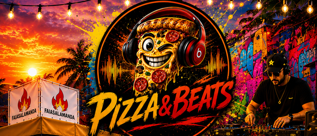 Ein farbenfrohes Plakat für das Pizza & Beats Event am 21. August 2026 mit DJ, Pizza, Getränken und tropischem Ambiente.