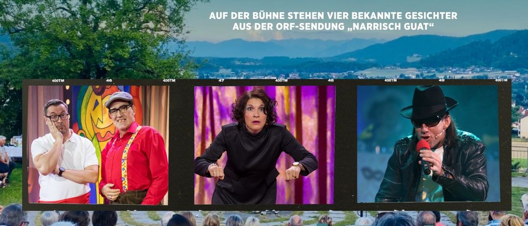 Plakat für eine Aufführung mit vier Charakteren aus der TV-Sendung 'Narrisch Guat'. Die Charaktere sind in separaten Bildern mit unscharfem Hintergrund abgebildet. Das Plakat enthält Datum, Uhrzeit und Veranstaltungsort.