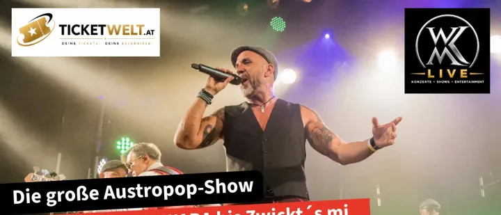 Konzertankündigung für Doktor Südbahn und Die Sympathie, mit einem Mann auf der Bühne, der in ein Mikrofon singt, mit Text auf Deutsch und Englisch, und einem Logo für Ticketwelt.at.