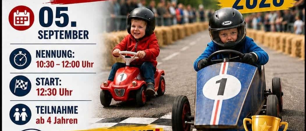 Plakat für St. Martin Seiffenkisten & Bobbycar Rennen 2026 am 5. September. Zwei Kinder in Go-Karts mit Helmen, eines mit Nummer 1, auf einer Rennstrecke. Veranstaltungsdetails umfassen Anmeldung, Startzeit und Teilnahmealter.