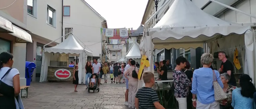 Ein geschäftiger Straßenmarkt mit Menschen, die unter weißen Zelten gehen und einkaufen. Gebäude säumen die Straße mit Vordächern und Schildern. Ein Junge hält ein buntes Kuscheltier.