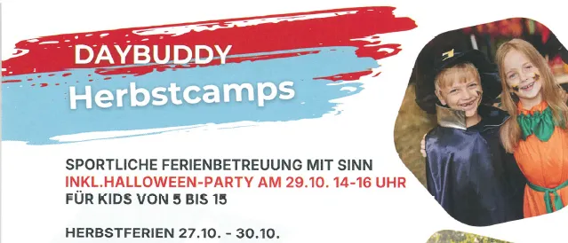 Plakat für Daybuddy Herbstcamps für Kinder von 5 bis 15 Jahren, mit Halloween-Party und sportlichen Aktivitäten.