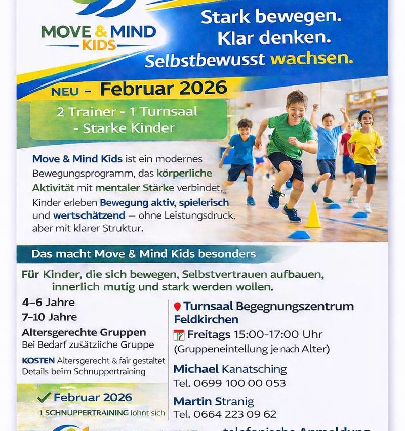 Move & Mind Kids ist ein modernes Bewegungsprogramm, das körperliche Aktivität mit mentaler Stärke verbindet. Kinder erleben aktive, spielerische und wertvolle Bewegung ohne Leistungsdruck, aber mit klarer Struktur. Für Kinder, die Selbstvertrauen aufbauen, mutig und stark werden wollen.