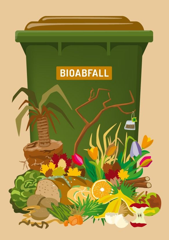A green compost bin filled with organic waste, including vegetables, fruits, flowers, and plant matter. The word Bioabfall is written on the bin.