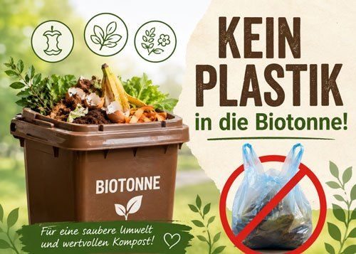 Plakat mit einem braunen Kompostbehälter gefüllt mit organischem Abfall, kein Plastik erlaubt, für eine saubere Umwelt und wertvollen Kompost.