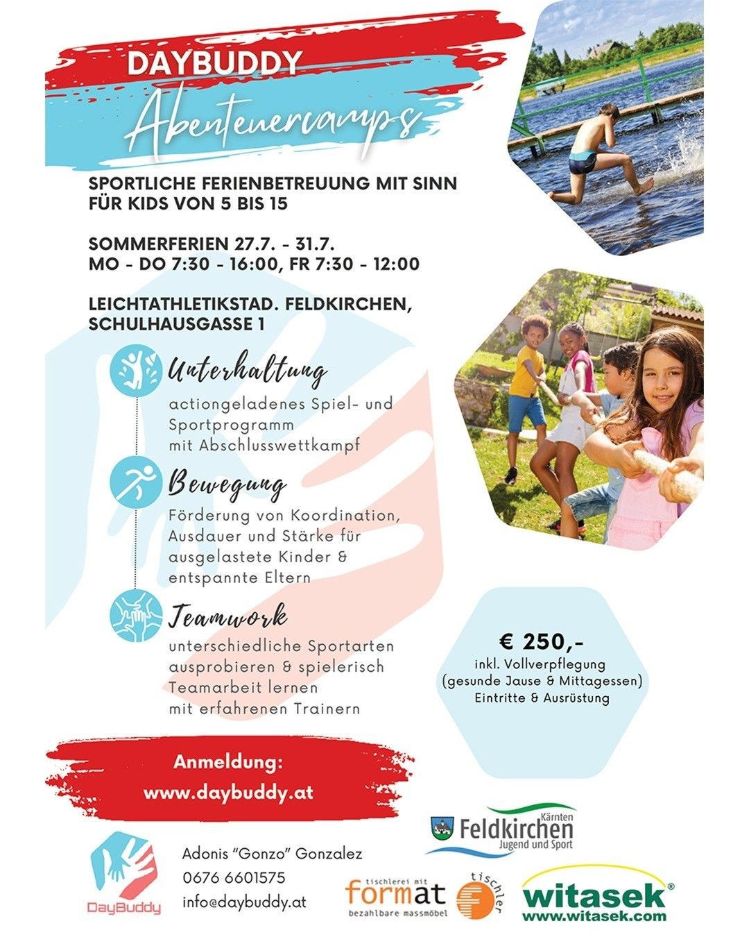 Poster advertising a sports camp for kids aged 5 to 15 during summer holidays. It includes activities like swimming, sports, and team building. The camp is held at the Leichtathletikstad in Feldkirchen.