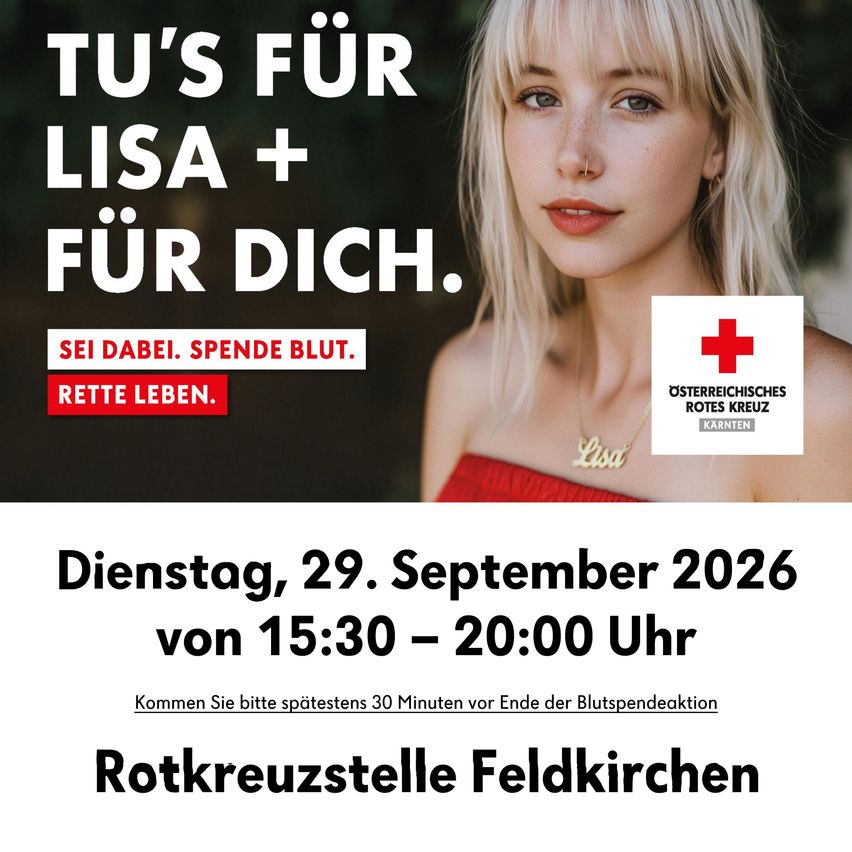 Plakat für eine Blutspende-Veranstaltung mit einer Frau mit blondem Haar und rotem Lippenstift, mit Text auf Deutsch und einem Roten Kreuz Logo.