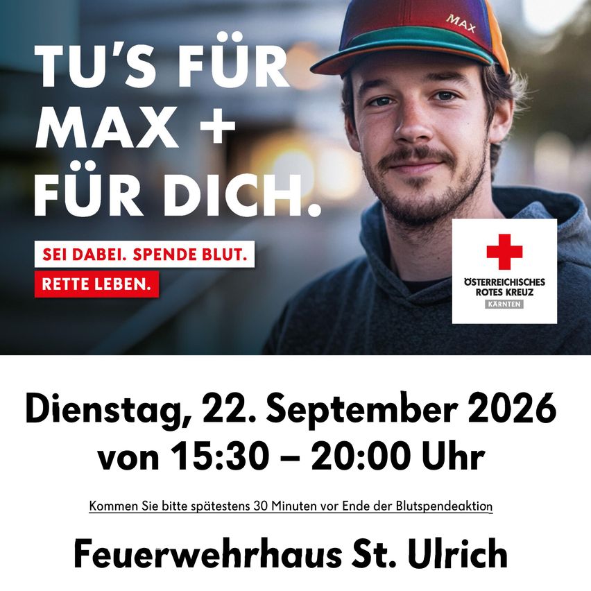 Plakat für eine Blutspendeveranstaltung am 22. September 2026 mit einem Mann in Mütze und Kapuzenpullover und rotem Kreuz Logo.