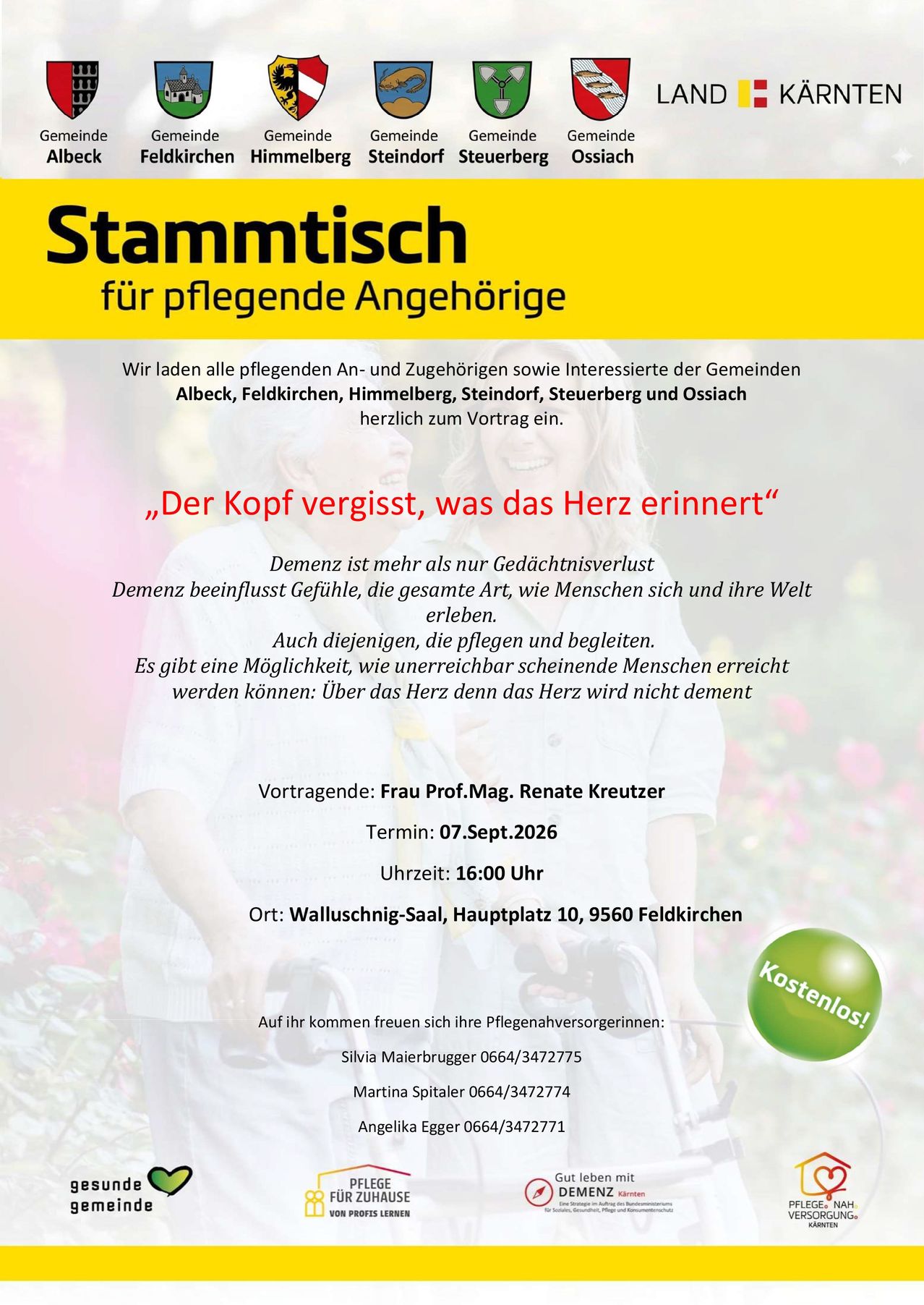 A flyer for Stammtisch for Pflegende Angehörige, featuring a quote, event details, and contact information. The flyer is in German and includes a photo of two women smiling.