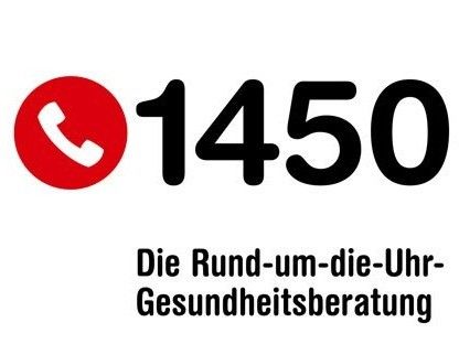 A red circle with a phone icon and the number 1450, with the text 'Die Rund-um-die-Uhr Gesundheitsberatung' below it.