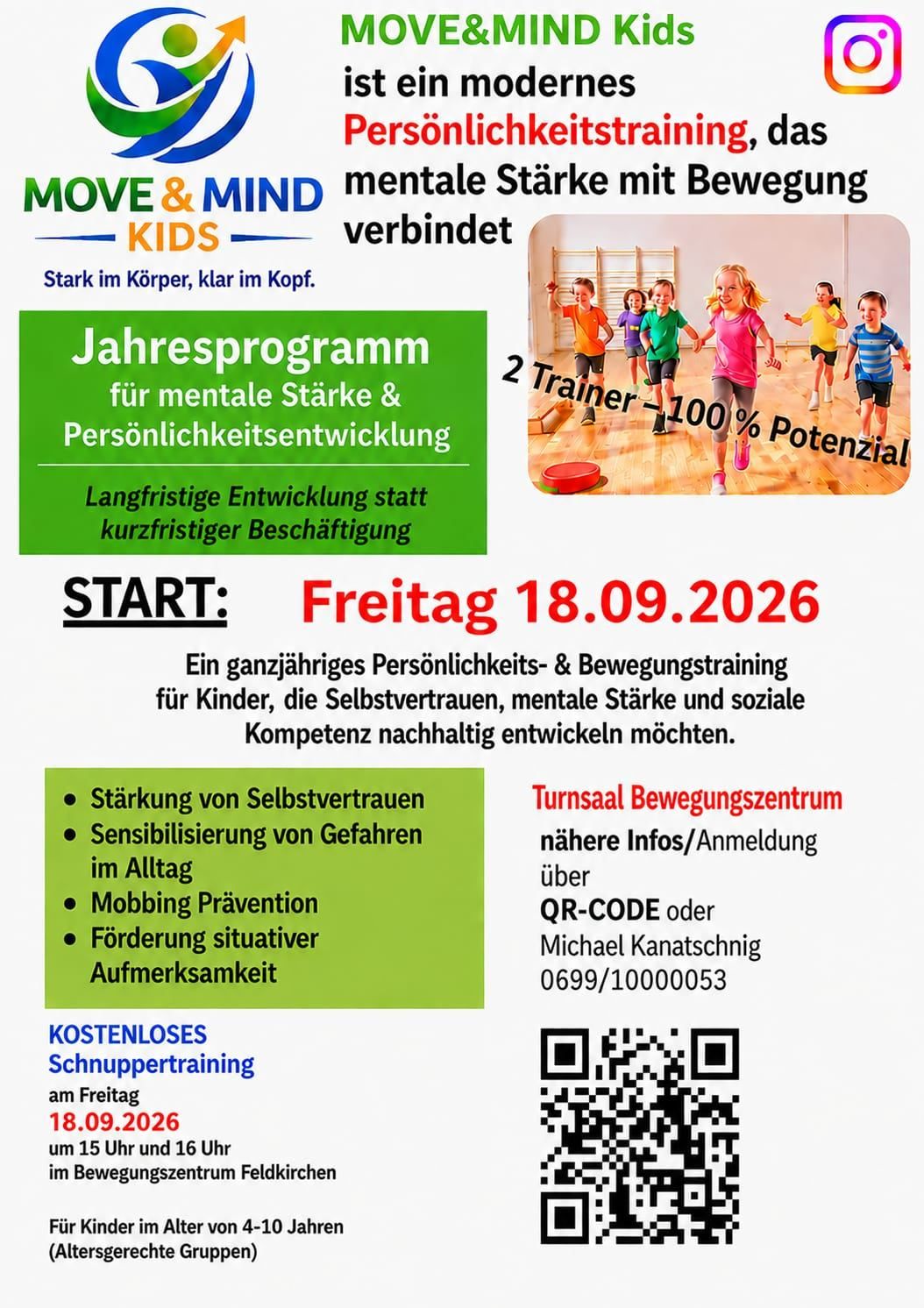Plakat für ein Jahresprogramm für Kinder zur Förderung mentaler Stärke und Persönlichkeitsentwicklung. Es zeigt eine Gruppe von Kindern, die in einer Turnhalle laufen, mit Text auf Deutsch. Das Programm beginnt am 18. September 2026.