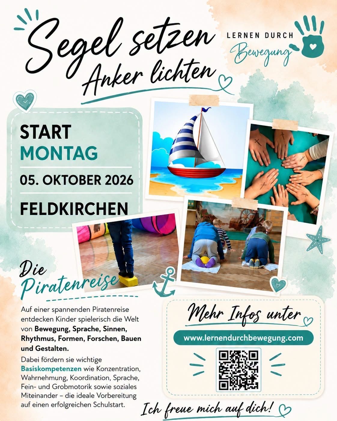 Plakat für ein Kinderpiratenabenteuer, das am 5. Oktober 2026 in Feldkirchen beginnt. Es zeigt ein Segelboot, spielende Kinder und Hände mit Kreuzen. Der Text ist auf Deutsch.