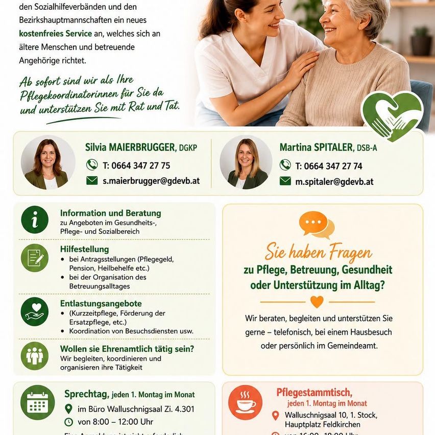 Eine Werbung für einen kostenlosen Service für ältere Menschen und ihre Betreuer, mit zwei Frauen, eine lächelt und die andere schaut sie an. Der Text enthält Informationen über den Service, Kontaktdaten und einen Zeitplan.