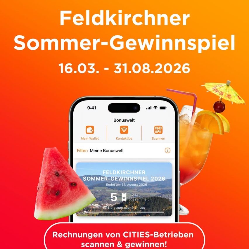 Promotion for a summer competition by Feldkirchner, running from March 16 to August 31, 2026. Features a smartphone displaying the competition, a cocktail with a straw, and a slice of watermelon.