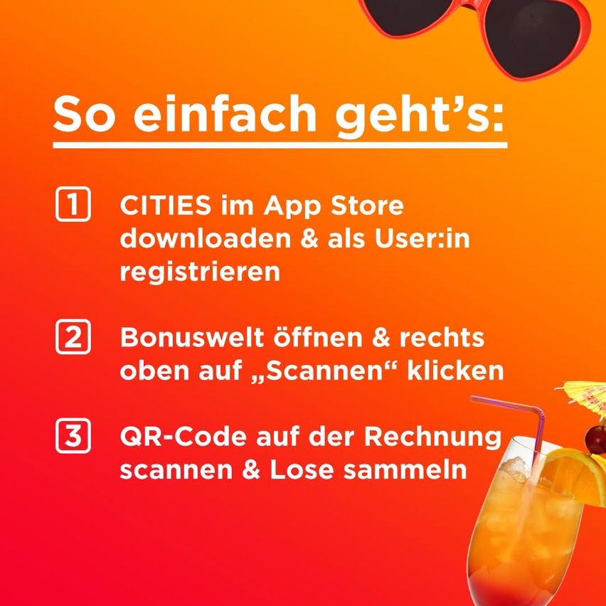 An orange background shows three steps with a cocktail. Step 1: Download Cities from the App Store and register. Step 2: Open the Bonuswelt and click on Scan. Step 3: Scan the QR code on the bill and collect your reward.
