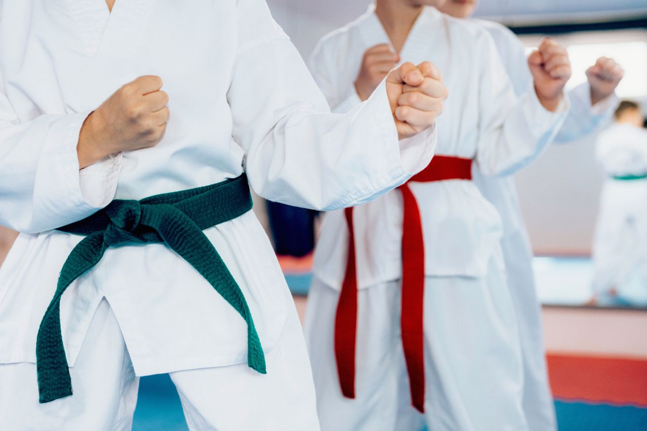 Two individuals in white karate uniforms and belts of different colors are practicing martial arts, possibly in a dojo.