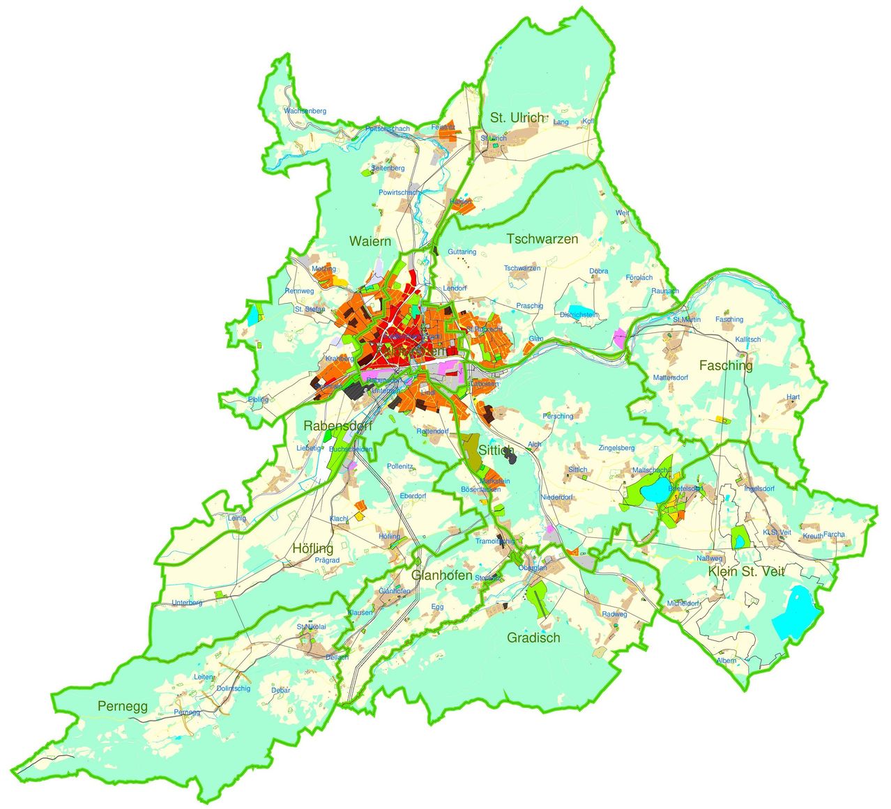 The map shows the geographical layout of a region, highlighting major areas and smaller localities, with color-coded zones indicating different types of land use or regions.