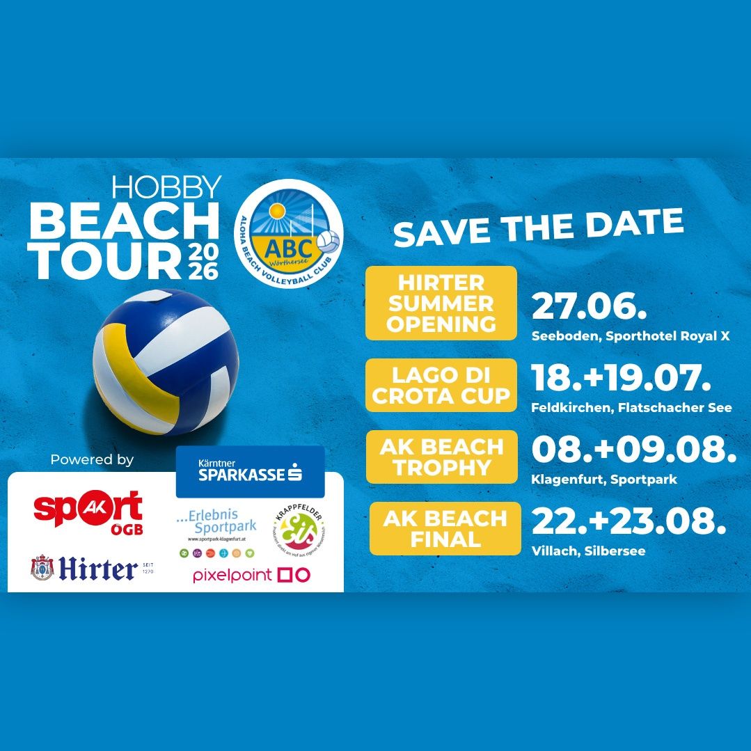 Poster for the Hobby Beach Tour 2026 featuring a volleyball, dates, and locations. The event is sponsored by Sportpark, Hiter, and others.