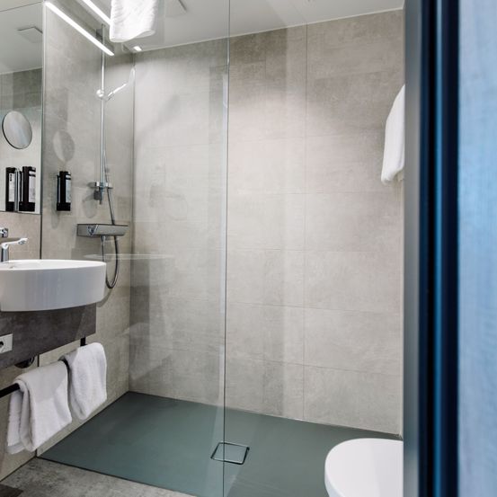 Ein Badezimmer mit grauen Fliesen und einer Glasdusche. Ein Waschbecken, ein Spiegel und ein Handtuchhalter sind sichtbar. Ein WC und Handtücher befinden sich rechts.