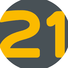 Die gelbe Zahl 21 in fetter Schrift, zentriert auf einem dunkelgrauen kreisförmigen Hintergrund.
