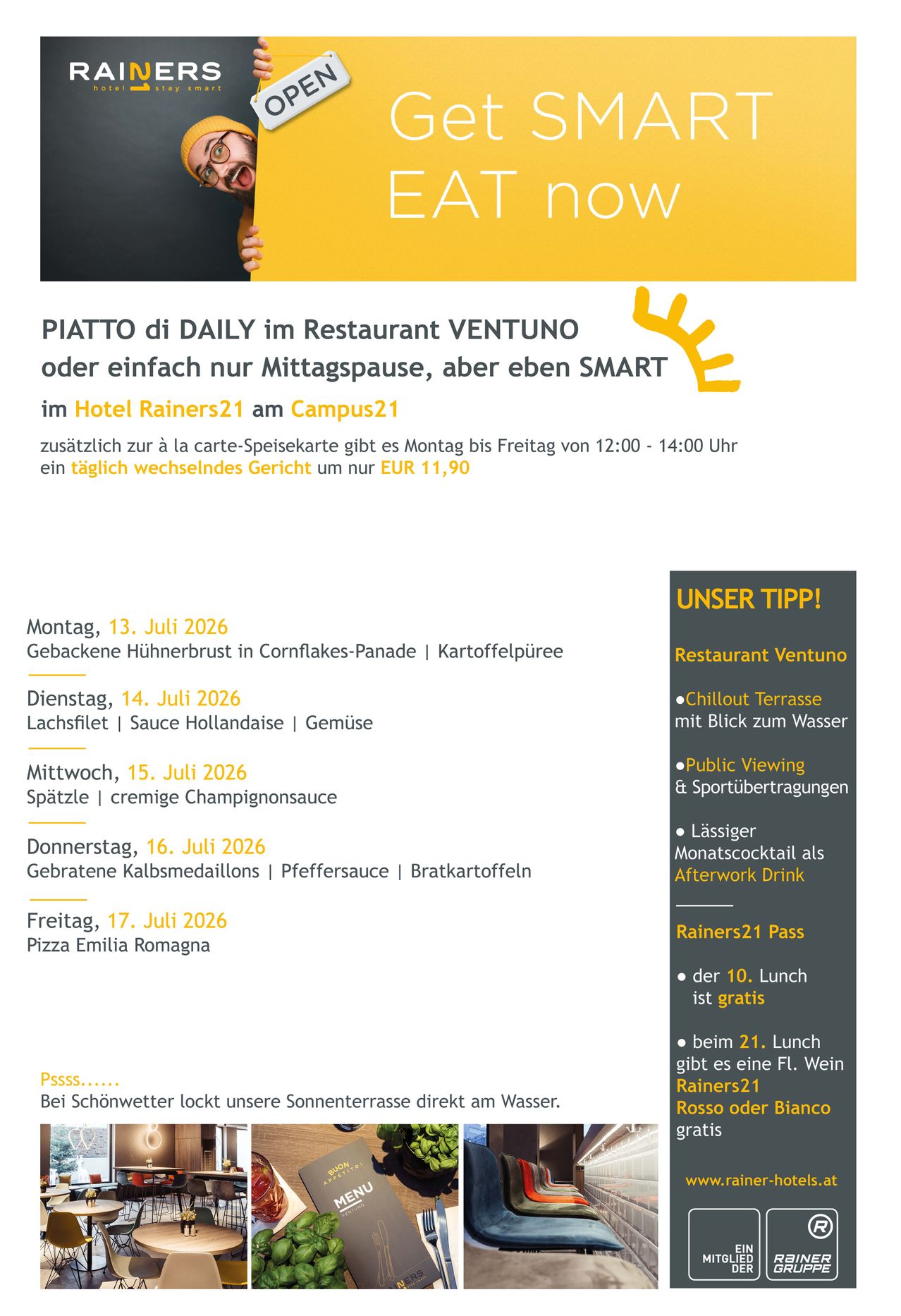 Weekly menu for July 2026 at Hotel Rainers21. Includes daily lunch options, daily changing dishes, and a la carte menu. Features dishes like baked chicken breast, trout, and pizza.