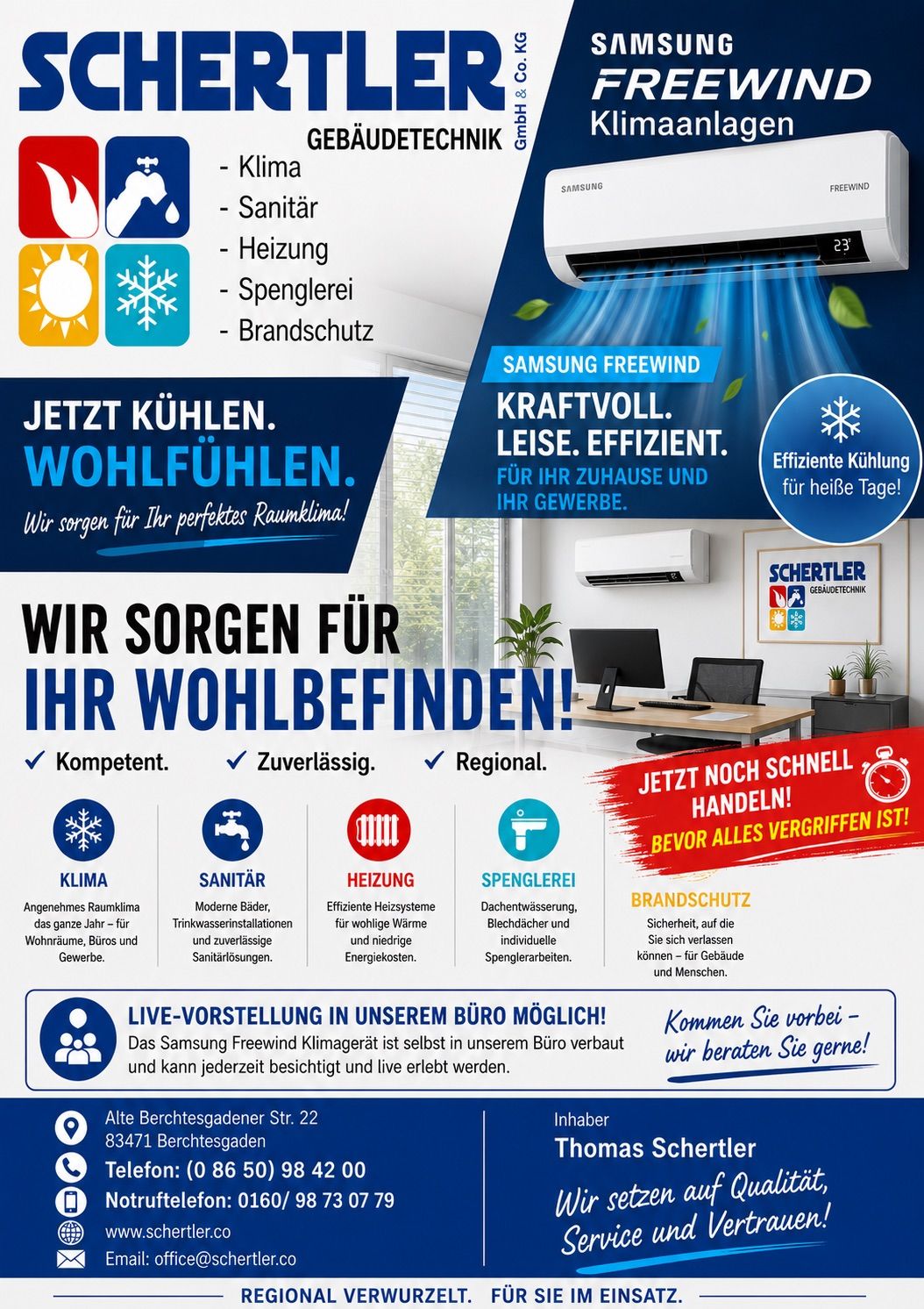 Werbeanzeige für Samsung Freewind Klimaanlagen. Angebote für Kühlung, Heizung, Sanitär und Brandschutz. Betont Kompetenz, Zuverlässigkeit und regionale Präsenz. Funktionen umfassen Live-Demonstration und Beratung.