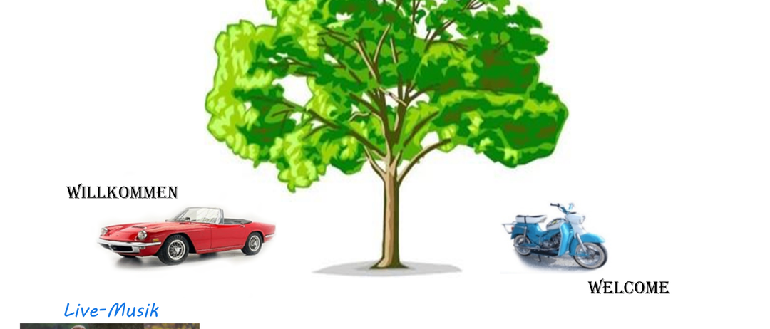 Gartenfest-Poster mit einem Baum, einem Auto und einem Roller. Live-Musik von Edo und Roman. Datum: Sonntag, 19. Juli 2026. Zeit: 11:00 Uhr. Ort: Radlerrast in St. Oswald, Maria Elend. Eintritt frei.