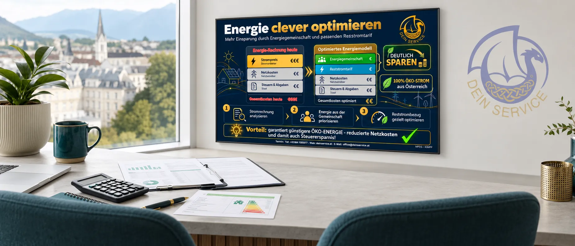 Ein moderner Büroschreibtisch mit einem Computermonitor, der ein Energieoptimierungsinfografik, eine Topfpflanze, einen Taschenrechner und andere Büroartikel anzeigt.