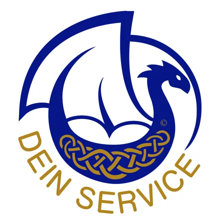 Ein blaues und goldenes Logo mit einem stilisierten Drachen, der seine Flügel weit ausgebreitet hat, umgeben von einem keltischen Knotendesign, mit dem Text 'Dein Service' in Fettschrift darunter.