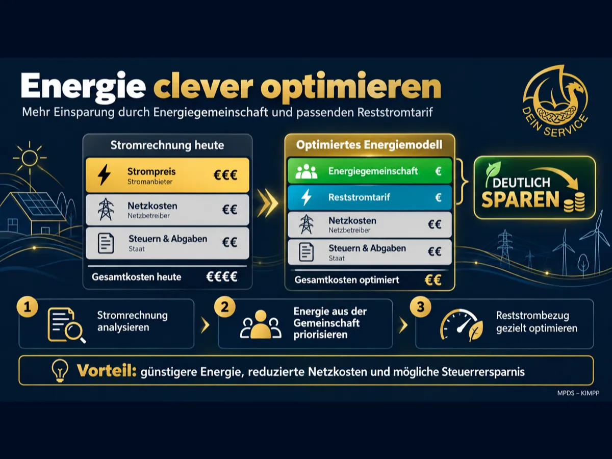 Infografik von DeinService: Links die heutige Stromrechnung mit Strompreis, Netzkosten sowie Steuern und Abgaben; rechts ein optimiertes Energiemodell mit Energiegemeinschaft und Reststromtarif sowie drei Schritten zur möglichen Kostenoptimierung.