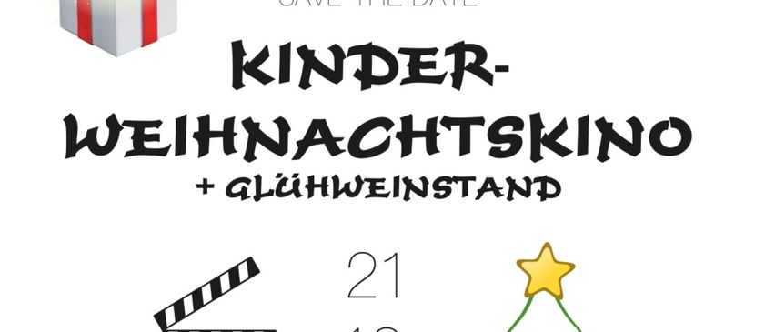 Plakat für den Kinder-Weihnachtsfilm mit einem roten Bullen, einem Geschenk und einem geschmückten Weihnachtsbaum. Datum: 21. Dezember 2025. Zeit: 16:00 Uhr. Ort: Feuerwehrhaus Stockerm. Für Essen und Trinken.