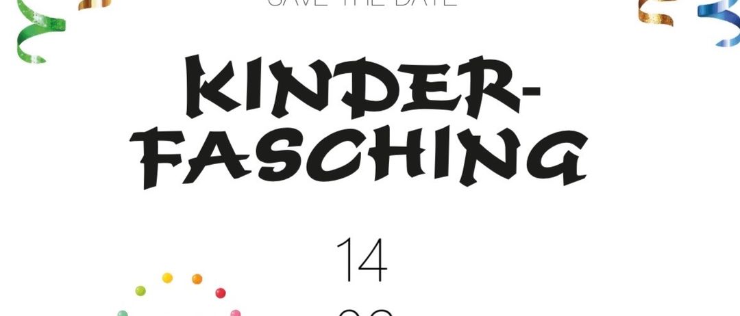 Plakat für Kinder Fasching-Veranstaltung am 14. Februar 2026 um 14:00 Uhr. Zeigt einen Clown, der jongliert, und einen roten Bullen. Bunte Bänder im Hintergrund.