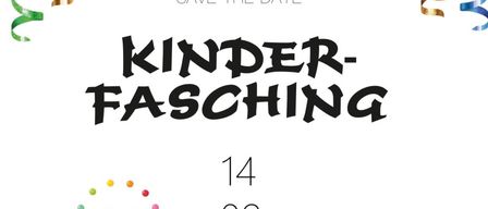Plakat für Kinder Fasching-Veranstaltung am 14. Februar 2026 um 14:00 Uhr. Zeigt einen Clown, der jongliert, und einen roten Bullen. Bunte Bänder im Hintergrund.