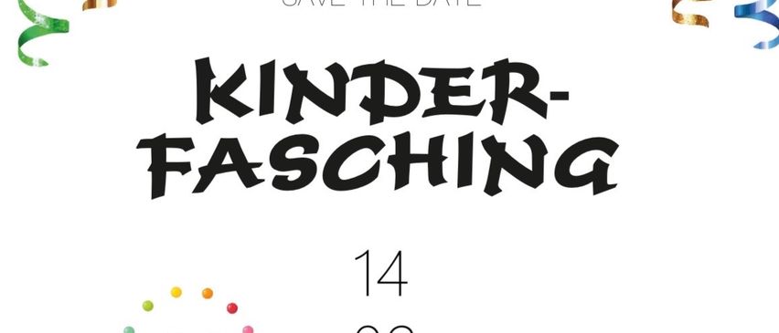 Plakat für Kinder Fasching-Veranstaltung am 14. Februar 2026 um 14:00 Uhr. Zeigt einen Clown, der jongliert, und einen roten Bullen. Bunte Bänder im Hintergrund.