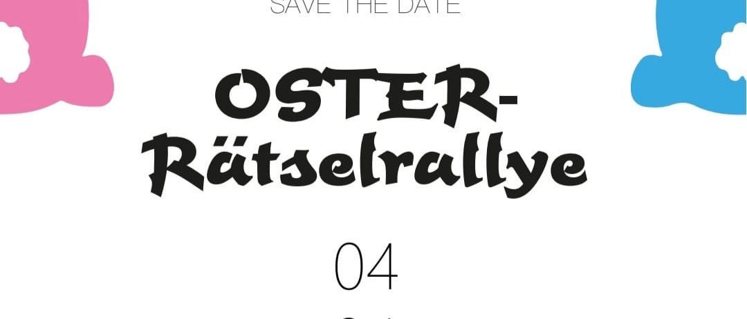 Eine Ankündigung für die Oster-Rätselrallye am 4. April um 14:00 Uhr auf dem Sportplatz Stockern. Mit einem roten Bullenkopf, rosa und blauen Hasen.