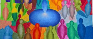 Ein abstraktes Gemälde zeigt eine Gruppe menschlicher Figuren in verschiedenen Farben um einen blauen Kreis herum, der Einheit und Vielfalt symbolisiert.
