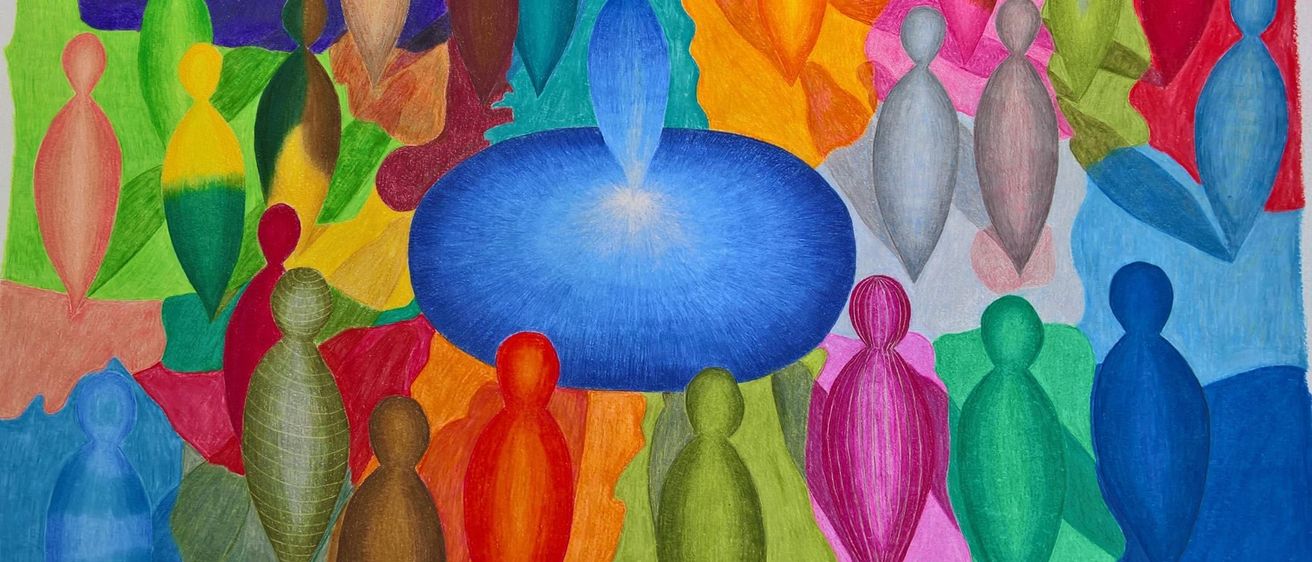 Ein abstraktes Gemälde zeigt eine Gruppe menschlicher Figuren in verschiedenen Farben um einen blauen Kreis herum, der Einheit und Vielfalt symbolisiert.