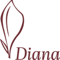 Ein burgunderfarbenes abstraktes Design, das einer Flamme ähnelt, mit dem Wort 'Diana' in kursiver Schrift darunter.