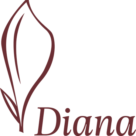 Ein burgunderfarbenes abstraktes Design, das einer Flamme ähnelt, mit dem Wort 'Diana' in kursiver Schrift darunter.