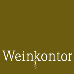 Ein weinbezogenes Logo mit dem Wort 'Weinkontoir' in weiß, auf einem braunen Hintergrund. Ein Korkenzieher ist in das Design integriert.