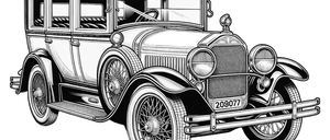 Eine Schwarz-Weiß-Zeichnung eines altmodischen Autos mit dem Nummernschild 209077. Das Auto hat ein klassisches Design mit rundem Dach, großen Scheinwerfern und detaillierten Speichen an den Rädern.
