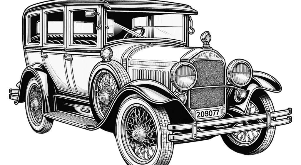 Eine Schwarz-Weiß-Zeichnung eines altmodischen Autos mit dem Nummernschild 209077. Das Auto hat ein klassisches Design mit rundem Dach, großen Scheinwerfern und detaillierten Speichen an den Rädern.