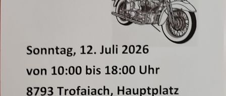 Veranstaltungsposter für Youngtimer Treffen am 12. Juli 2026 von 10:00 bis 18:00 in Trofaiach, Hauptplatz, mit einem Motorrad und einem alten Auto.