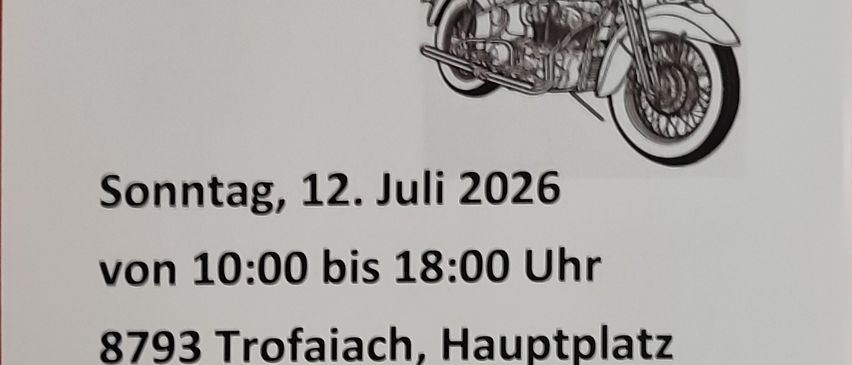 Veranstaltungsposter für Youngtimer Treffen am 12. Juli 2026 von 10:00 bis 18:00 in Trofaiach, Hauptplatz, mit einem Motorrad und einem alten Auto.