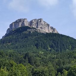 Ein Berg mit einer rauen Spitze und einem dichten Wald aus grünen Bäumen bedeckt seine Hänge unter einem teilweise bewölkten Himmel.