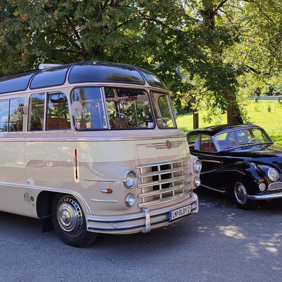 Ein beigefarbener Vintage-Bus mit dunklem Dach ist neben einem schwarzen Oldtimer am Straßenrand geparkt.