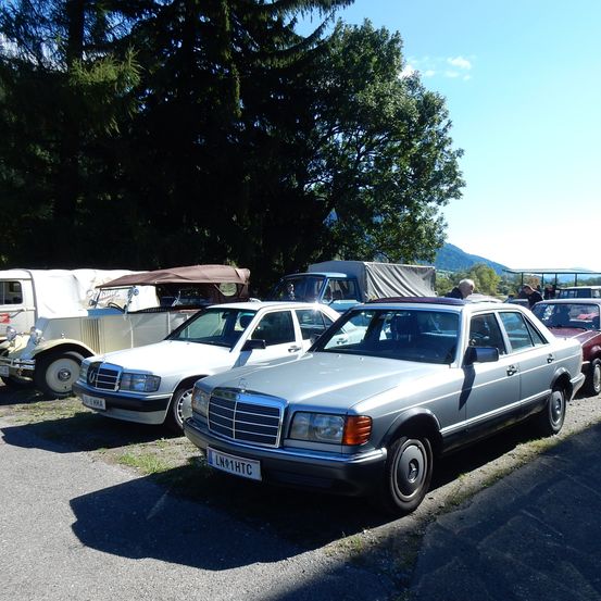 Verschiedene Oldtimer und klassische Autos unter Bäumen geparkt, mit Bergen im Hintergrund. Ein Auto hat das Kennzeichen LN01HTC.